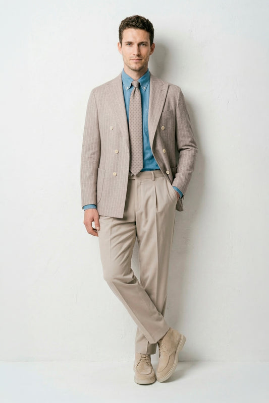 Pinstriped unlined double-breasted jersey blazer