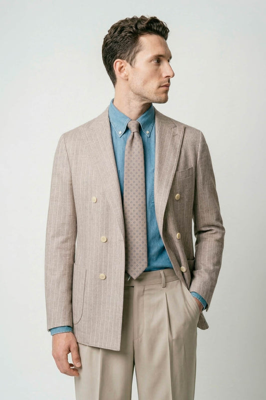 Pinstriped unlined double-breasted jersey blazer
