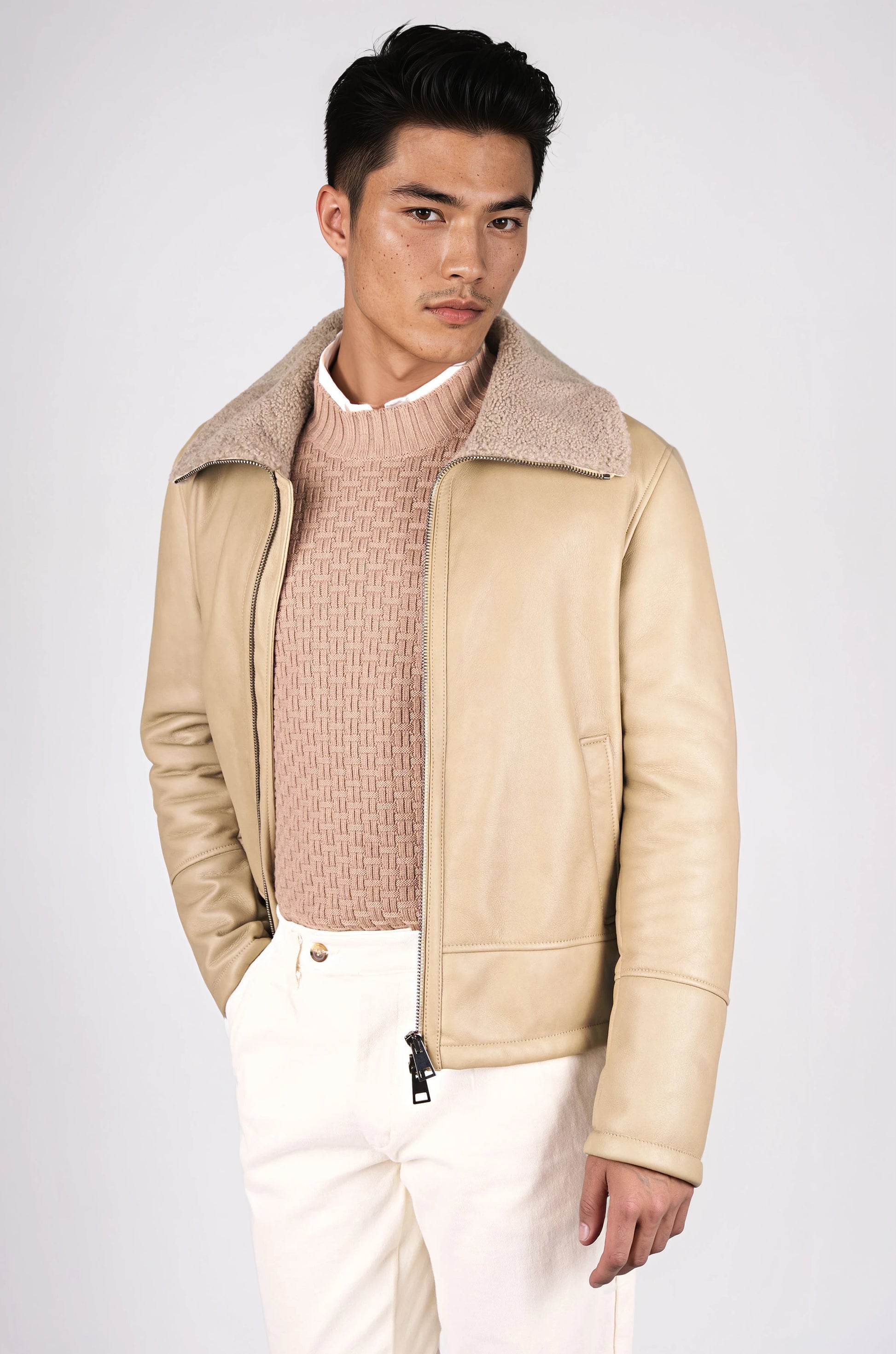 Nubuck Leather Trucker Jacket with Shearling Lining - MONTEZEMOLO