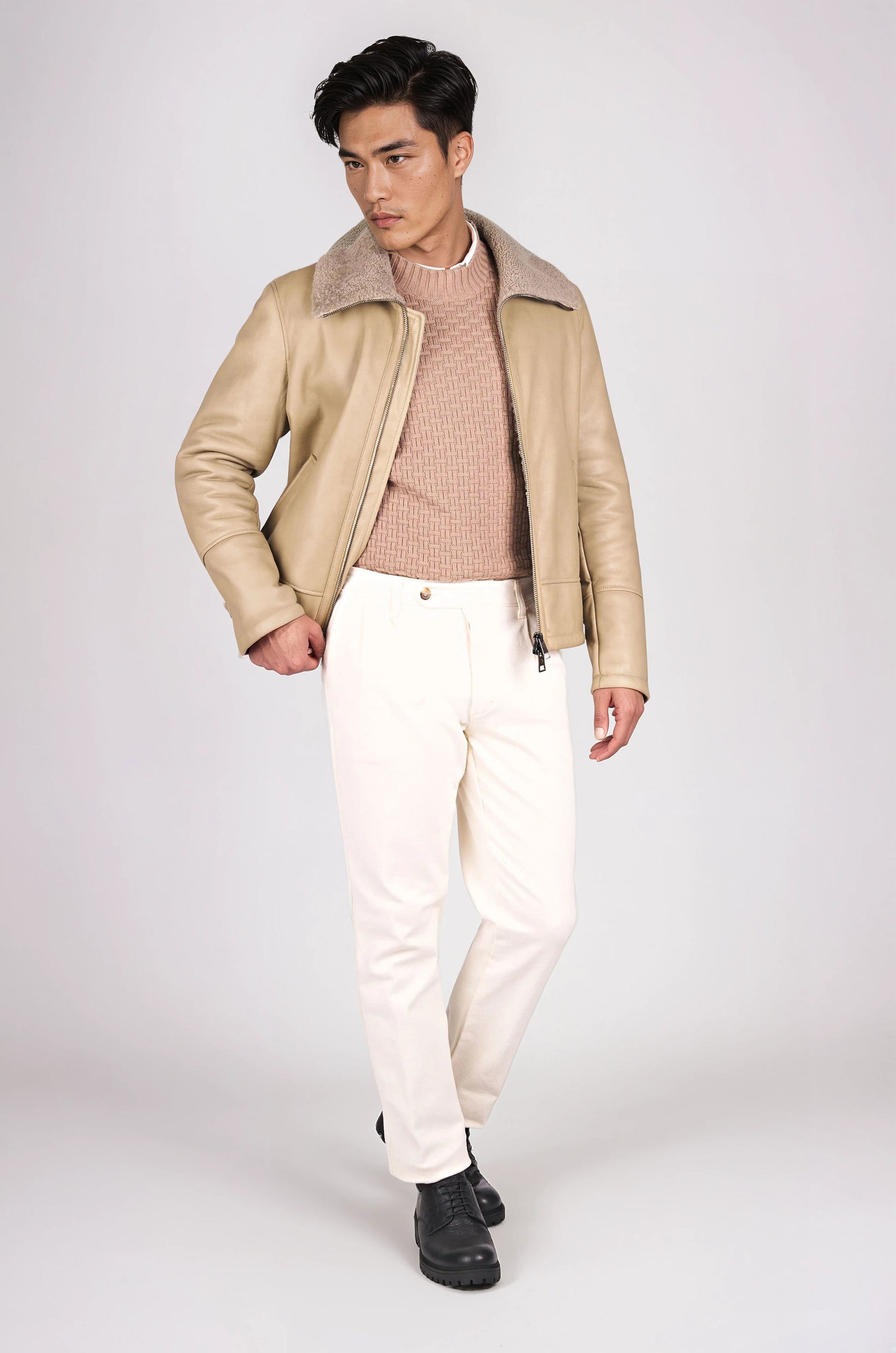 Nubuck Leather Trucker Jacket with Shearling Lining - MONTEZEMOLO