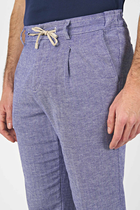 Pantaloni con coulisse in cotone e lino fantasia chevron 