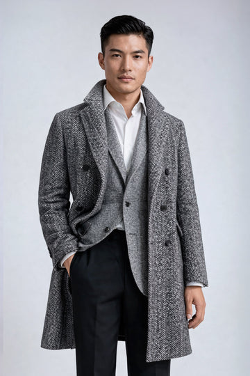 Double-breasted herringbone wool coat
