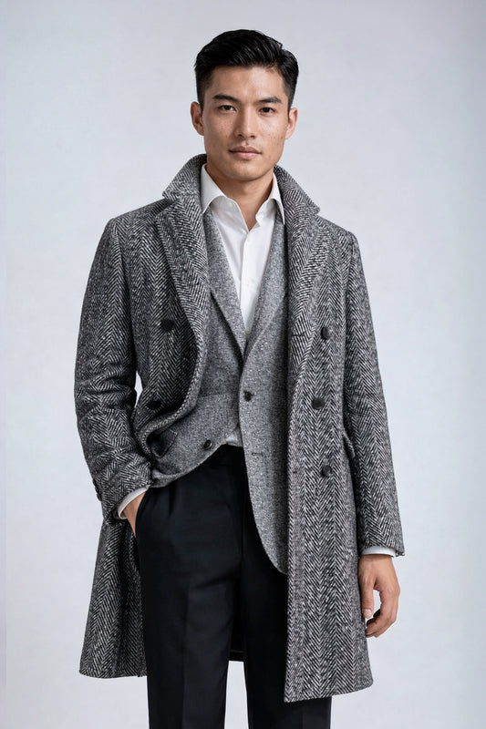 Double-breasted herringbone wool coat