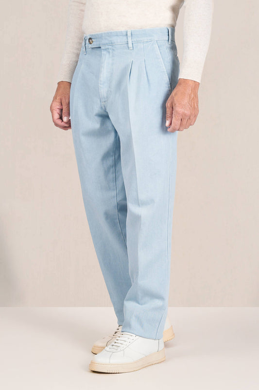 Denim pants with double pleats