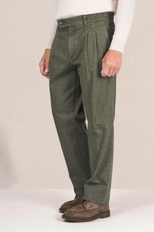 Washed denim trousers with pleats