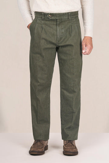 Washed denim trousers with pleats