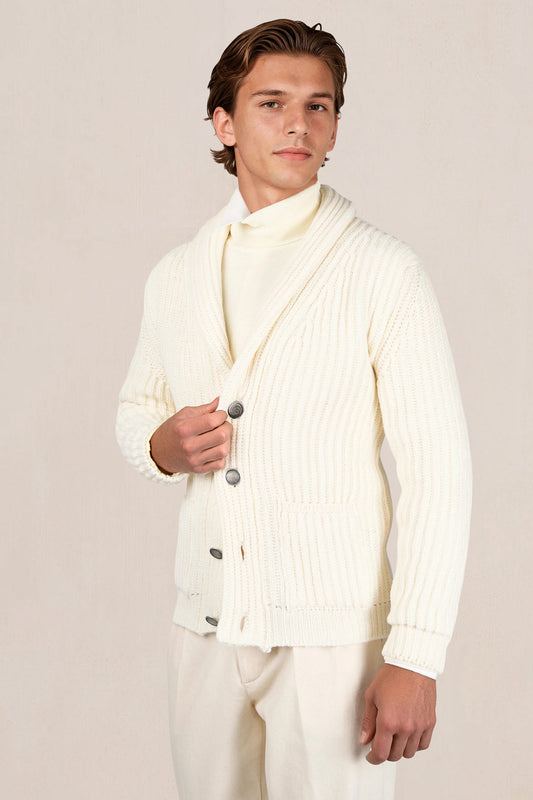 Shawl-collar English-rib cardigan