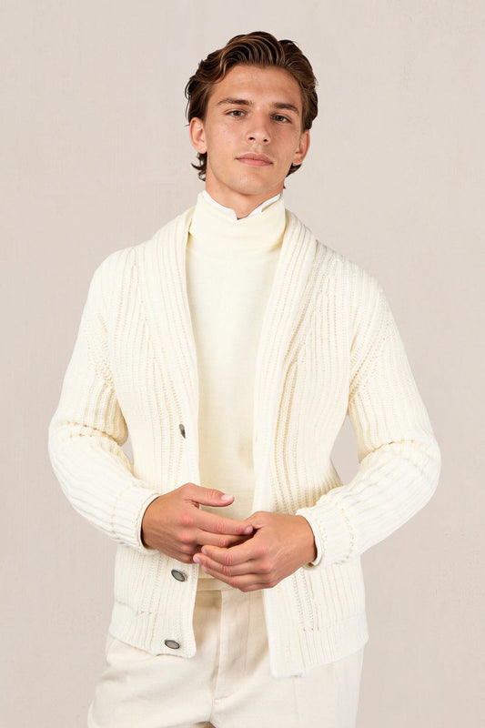 Shawl-collar English-rib cardigan