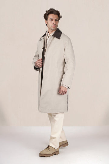 Waxed cotton trench with leather collar