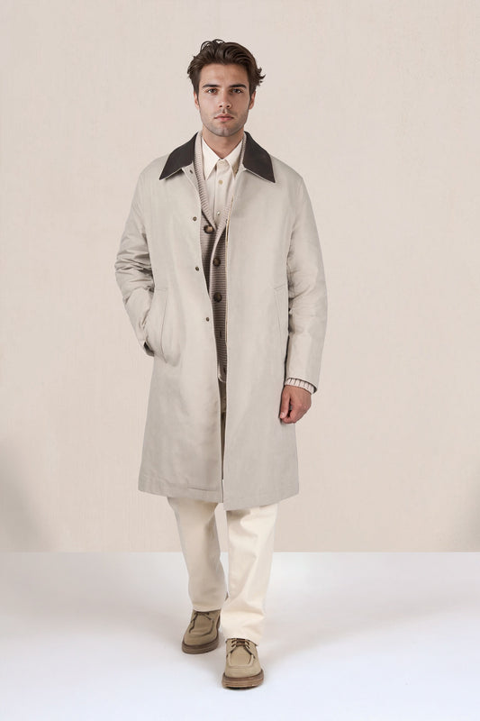 Waxed cotton trench with leather collar