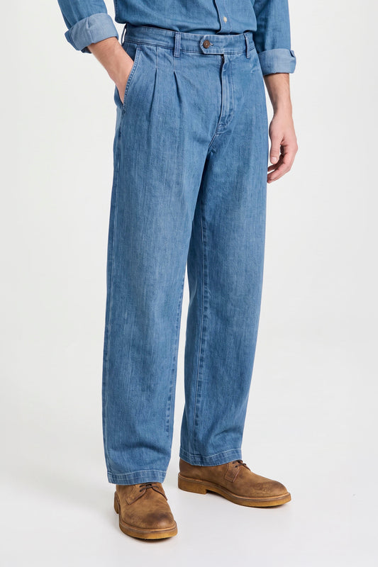 Double-Pleated Denim Trousers - MONTEZEMOLO