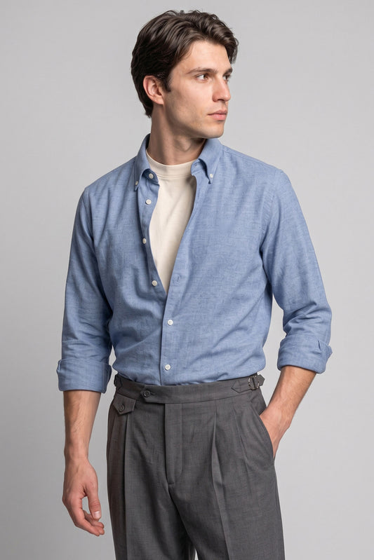 Pure Cotton Melange Flannel-Effect Button-Down Shirt