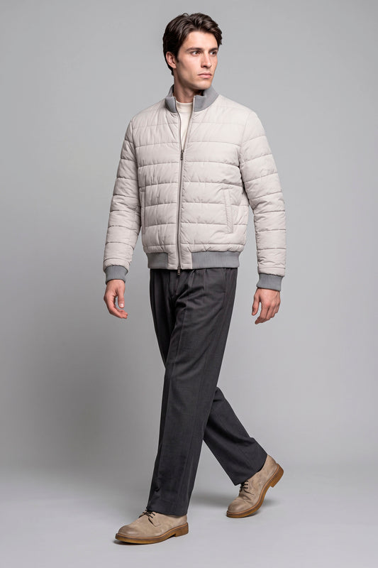 Reversible padded virgin wool blend bomber jacket