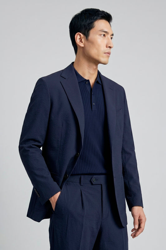 Single-breasted blazer in textured stretch seersucker fabric
