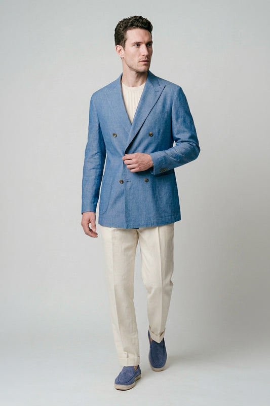 Unlined double-breasted cotton & linen blazer denim-effect - MONTEZEMOLO