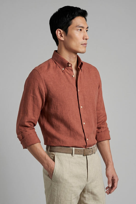 Pure linen button-down spear collar shirt