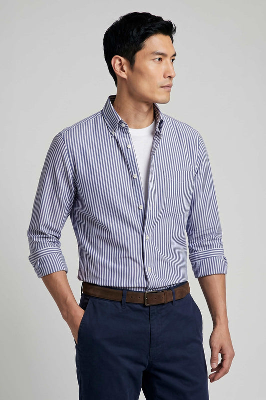 Button-down seersucker cotton striped shirt
