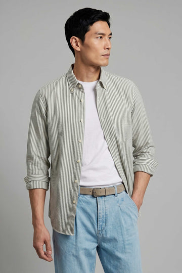 Button-down seersucker cotton striped shirt