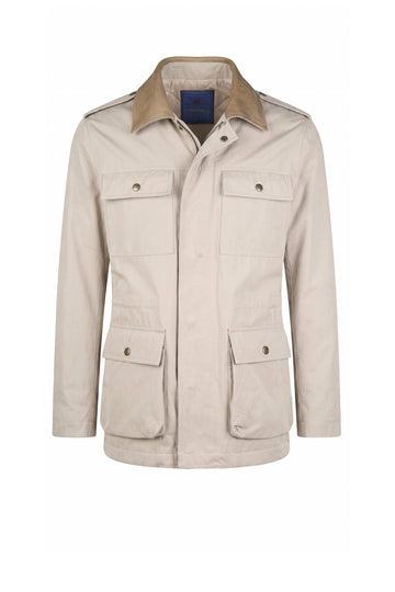Lined Four-Pocket Field Jacket with Leather Collar