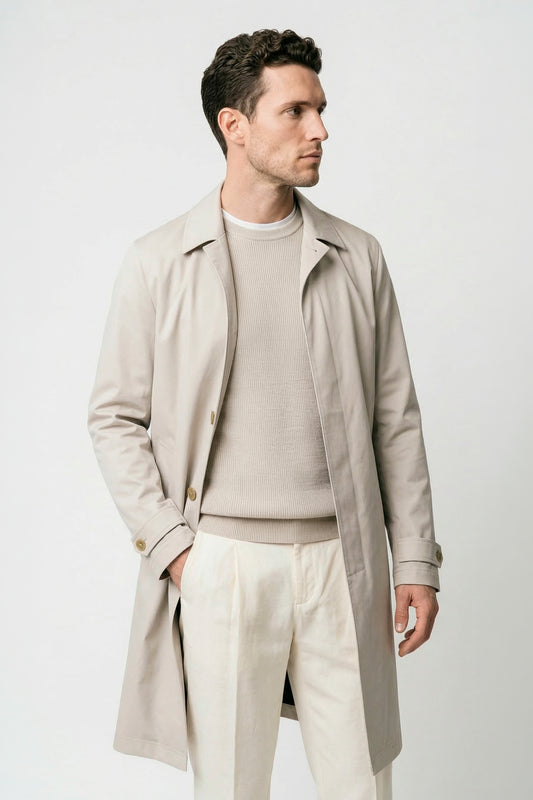 Water-resistant unlined gabardine raincoat