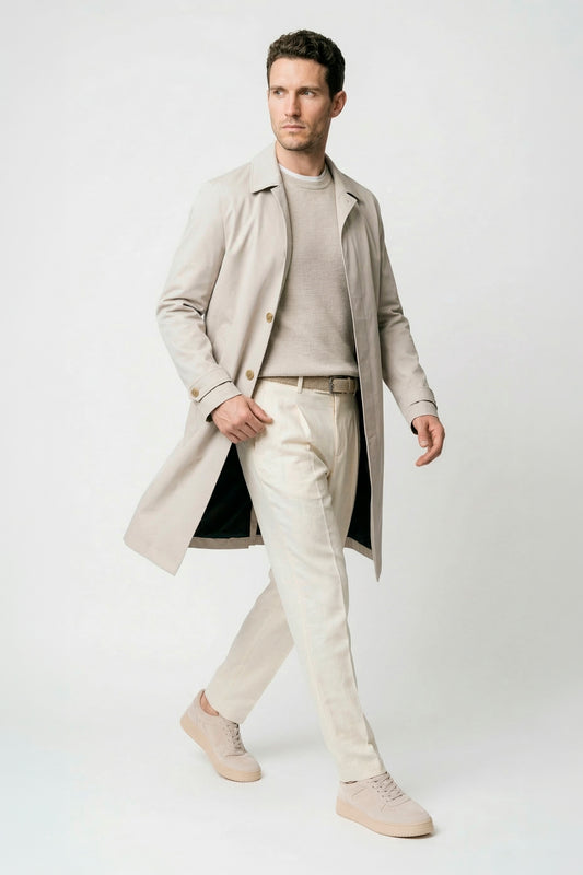 Water-resistant unlined gabardine raincoat