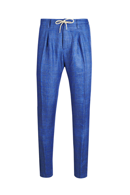 Prince-of-Wales Linen Trousers with Drawstring